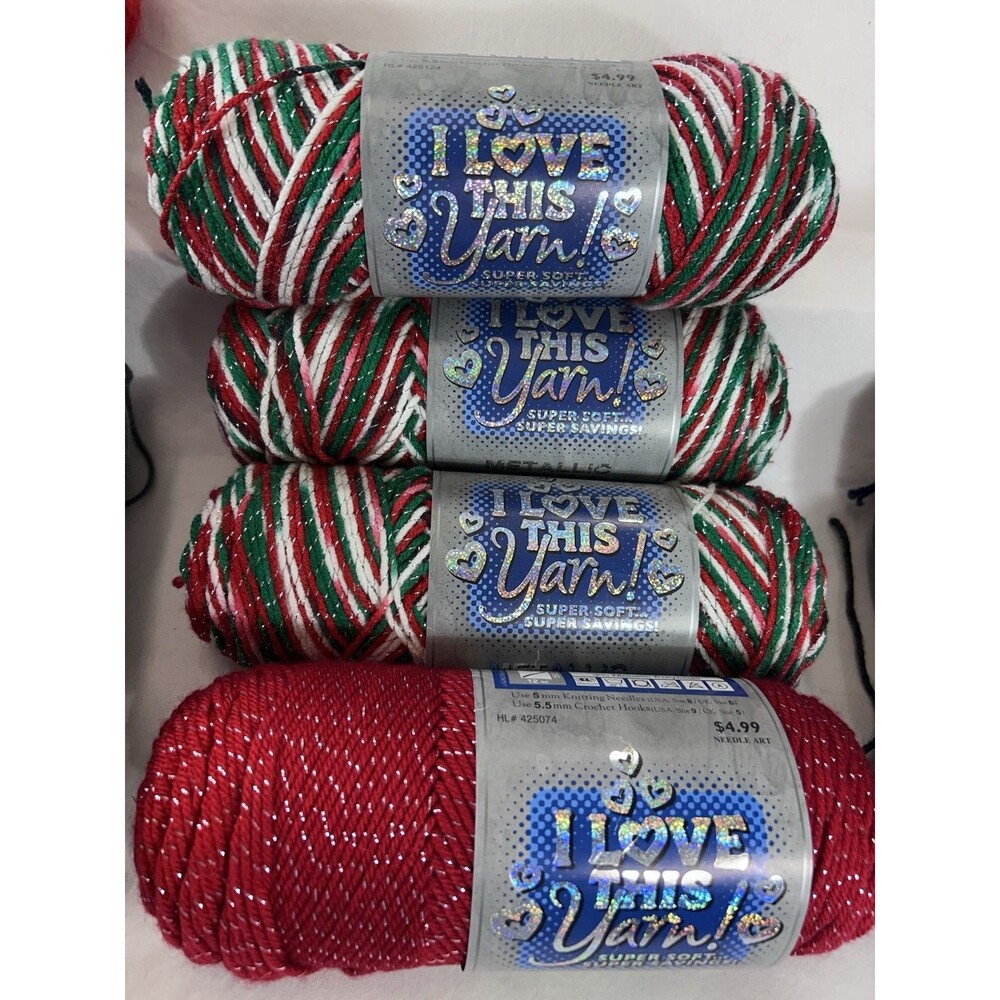 4 Skeins I Love This Yarn Super Soft Metallic Christmas Red Green Acrylic